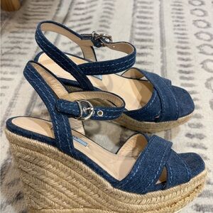 Prada Denim Espadrille Wedge Sandals